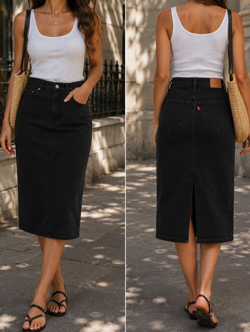 NWT Levi's Black High Rise Denim Midi Pencil Skirt Back Slit Recycled Cotton